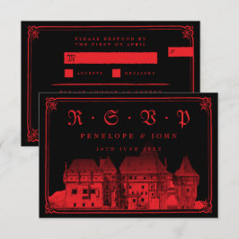 Cartão RSVP Castelo Gótico de Vampiros Entrada Vermelha e Pret