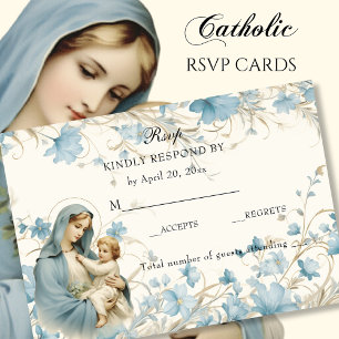 Cartão RSVP Católica Floral Abençoada Mary Blue Floral