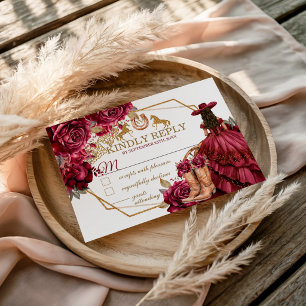 Cartão RSVP Cavalo Charra Quinceanera Dourado Borgonha