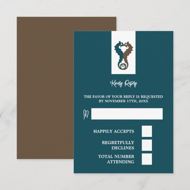 Cartão RSVP Cavalo-do-mar Romance, Casamento de praia (Frente/Verso)