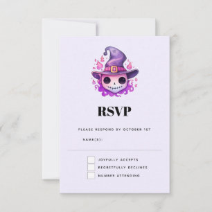 Cartão RSVP Caveira em um Chapéu de Bruxa Caprichoso Halloween