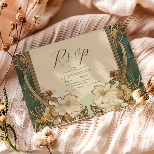 Cartão RSVP Celebração Floral de Casamento Art Nouveau