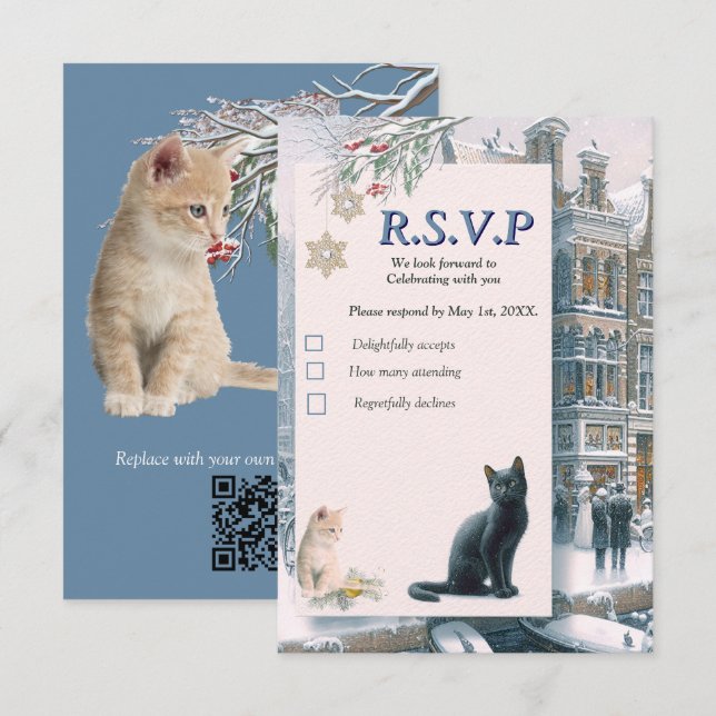 Cartão RSVP Celebrações de inverno na neve, com Kittens (Frente/Verso)