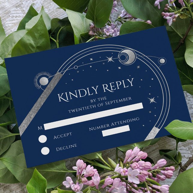 Cartão RSVP Celestial Blue Silver Sun Moon Stars Casamento (Criador carregado)