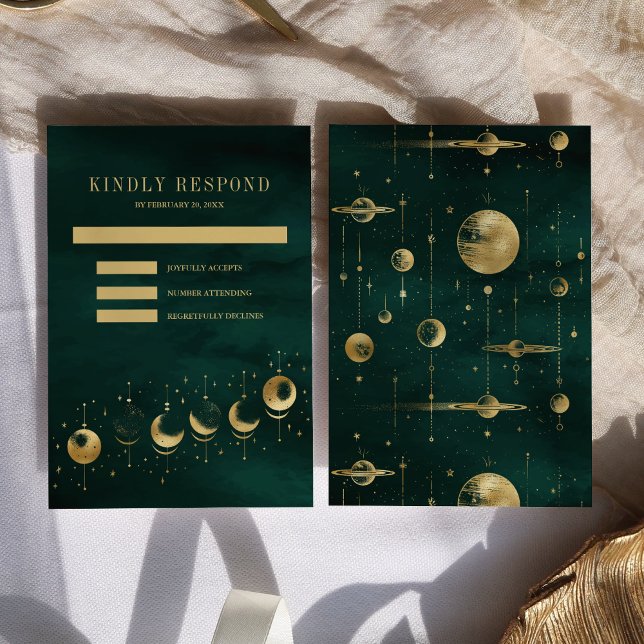 Cartão RSVP Celestial Esmeralda Dourada Fase da Lua Casamento (Criador carregado)