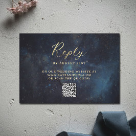 Cartão RSVP Celestial Galaxy Stars Midnight Navy Wedding QR