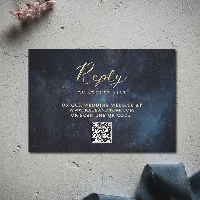 Cartão RSVP Celestial Galaxy Stars Midnight Navy Wedding QR (celestial galaxy wedding rsvp reply watercolor moody navy blue starry night written in the stars)
