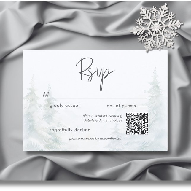 Cartão RSVP Cena de inverno da Rustic Mountain Código QR (Rustic Mountain Winter Scene Watercolor QR Code RSVP Card)