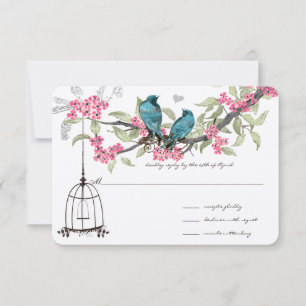 Cartão RSVP Cerejeiras em Flor Aqua Pássaros e Casa de Pássaro