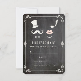 Cartão RSVP Chalkboard Mustache E Lábios Vintage Casamento Chi