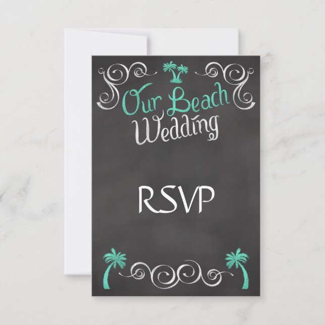 Cartão RSVP Chalkboard Teal Beach Casamento Correspondente à r (Frente)