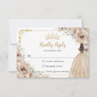 Cartão RSVP Champagne Beige Cream Floral Princesa Quinceañera