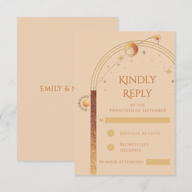 Cartão RSVP Champanhe Celestial Dourado Sun Moon Stars Casamen (Frente/Verso)