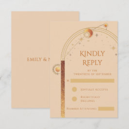 Cartão RSVP Champanhe Celestial Dourado Sun Moon Stars Casamen