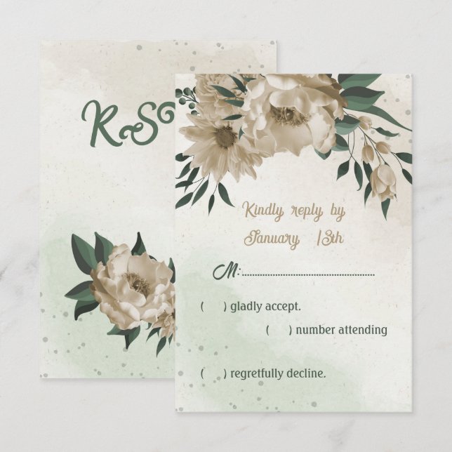 Cartão RSVP champanhe floresce casamento verde (Frente/Verso)