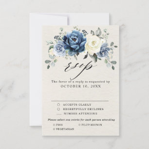 Cartão RSVP Champanhe Marinho Azul Ivory Floral Casamento RSV