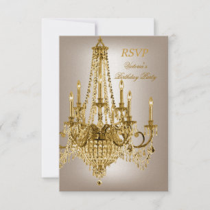 Cartão RSVP Chandelier Metálico Dourado de Festa de aniversári
