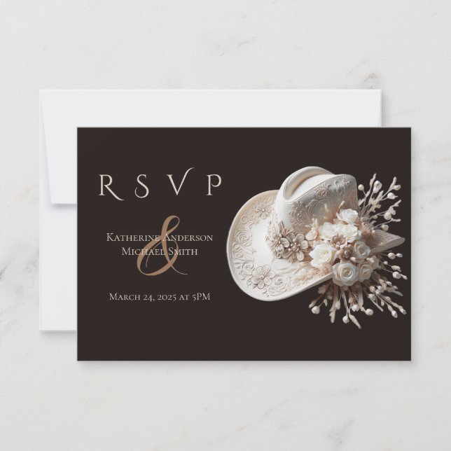 Cartão RSVP Chapéu branco de vaqueira com casamento de flores (Frente)