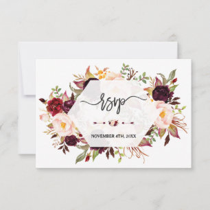 Cartão RSVP Charm Burgundy Marsala Casamento Geométrico Flora