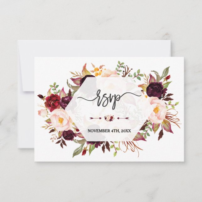 Cartão RSVP Charm Burgundy Marsala Casamento Geométrico Floral (Frente)