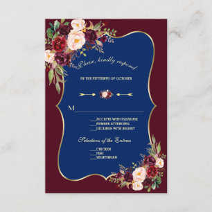 Cartão RSVP Charm Marinho Blue Burgundy Casamento Dourado Flor