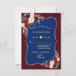 Cartão RSVP Charm Marinho Blue Burgundy Casamento Dourado Flor