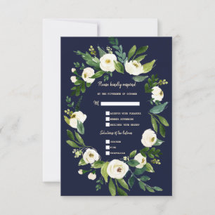 Cartão RSVP Charm Watercolor White Floral Dark Casamento Azul