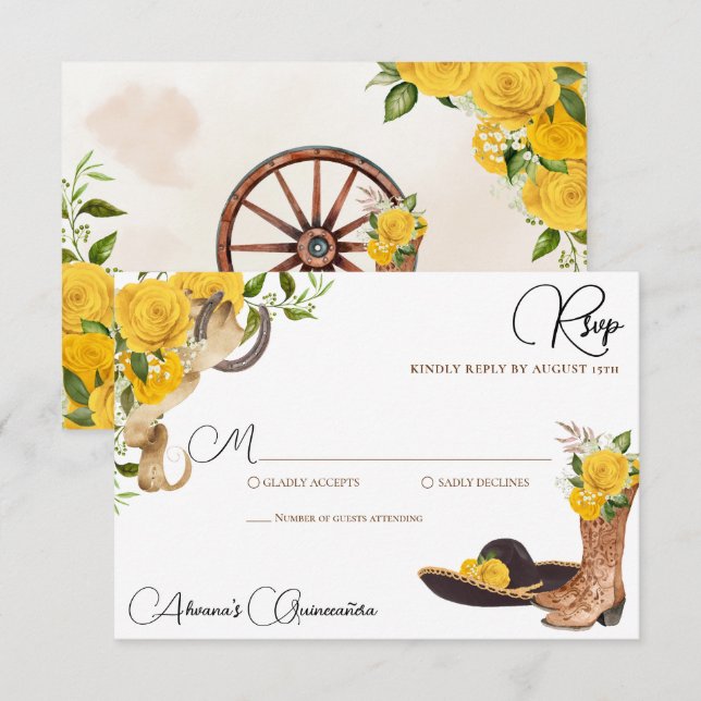 Cartão RSVP Charro Ocidental Cinceanera Rosa Amarelo (Frente/Verso)