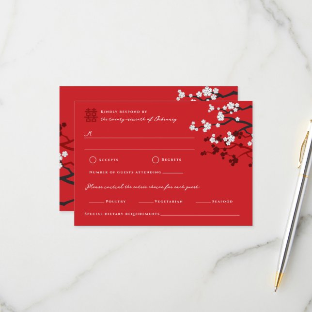 Cartão RSVP Cherry Blossoms Casamento Chinês de Dupla Felicida (Frente/Verso In Situ)