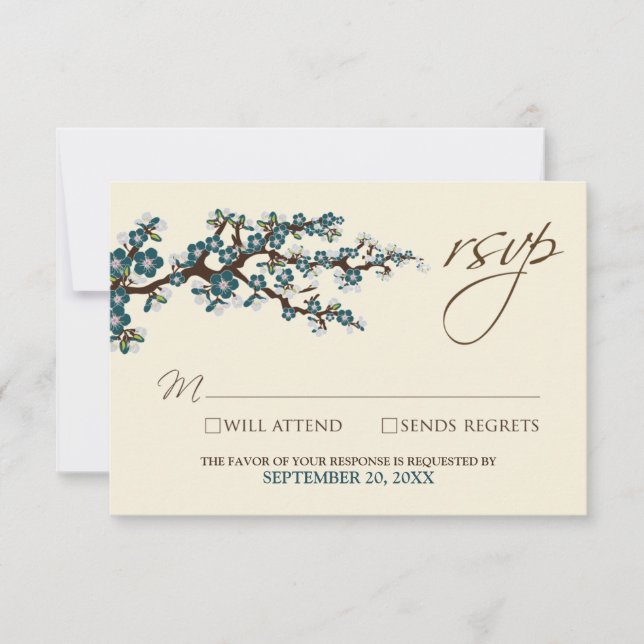 Cartão RSVP Cherry Blossoms (teal) (Frente)