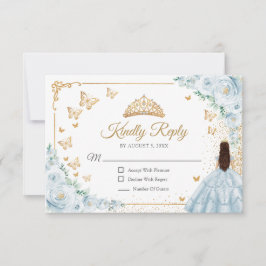Cartão RSVP Chic Baby Blue Roses Gold Quinceanera Reply