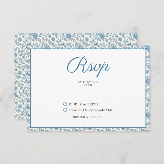 Cartão RSVP Chic Blue Toile de Jouy Floral Border Wedding (Frente/Verso)