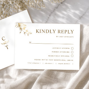 Cartão RSVP Chic Branco e Dourado Casamento Com/sem Refeição R