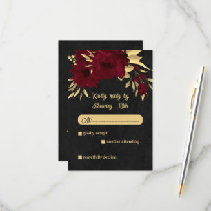 Cartão RSVP Chic burgundy e casamento preto de ouro