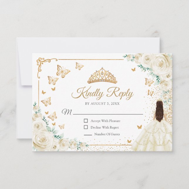 Cartão RSVP Chic Champagne Ivory Roses Gold Quinceanera Reply (Frente)