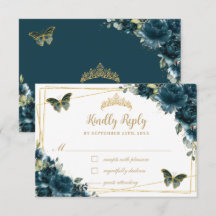 Chic Dark Teal Borboletas Douradas Florais Quincea