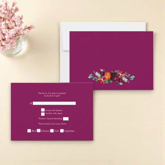 Cartão RSVP Chic deep pink Botanical Wedding Response Card (Criador carregado)