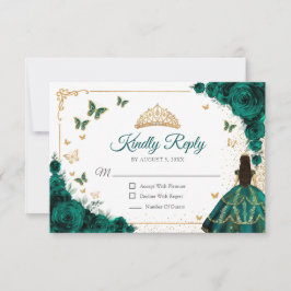 Cartão RSVP Chic Emerald Green Roses Gold Quinceanera Reply