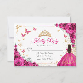 Cartão RSVP Chic Fuchsia Pink Roses Gold Quinceanera Reply