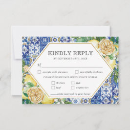 Cartão RSVP Chic Lemon Floral Weding Meal Choice Mosaico Azule