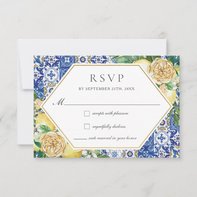 Cartão RSVP Chic Lemons Yellow Floral Greenery Casamento (Frente)