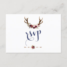 Cartão RSVP Chic Marsala Floral Antlers Marinho Blue Wedding R