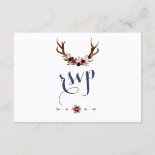 Cartão RSVP Chic Marsala Floral Antlers Marinho Blue Wedding R