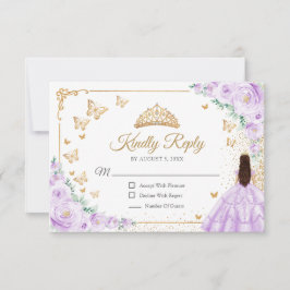 Cartão RSVP Chic Purple Lilac Roses Gold Quinceanera Reply