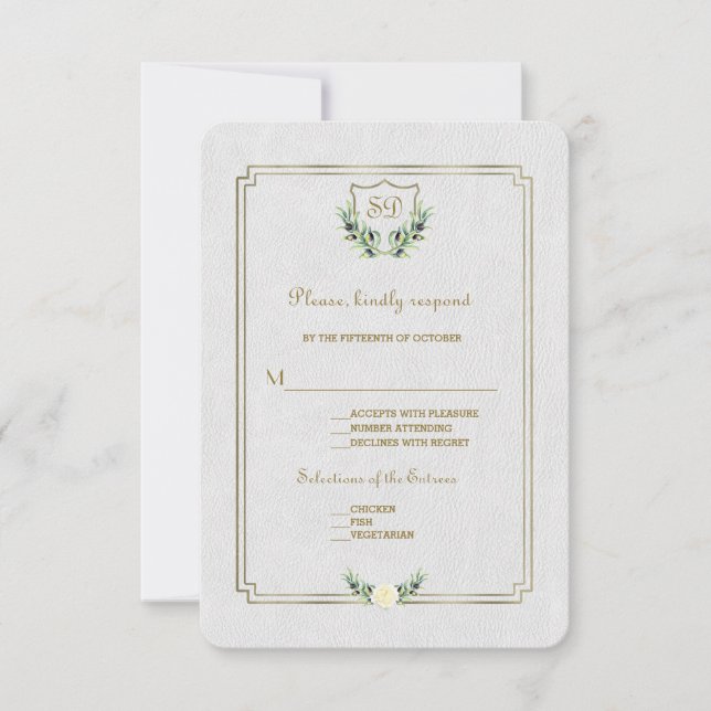 Cartão RSVP Chic Royal Dourado Crest Lush Greenery Casamento R (Frente)