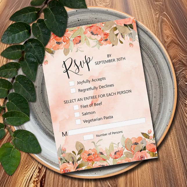 Cartão RSVP Chic Watercolor Floral (Watercolor Orange Floral RSVP Cards with menu selections)