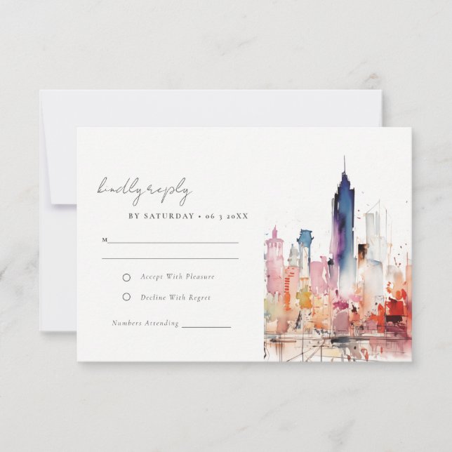 Cartão RSVP Chicago Illinois Watercolor Landscape Wedding (Frente)