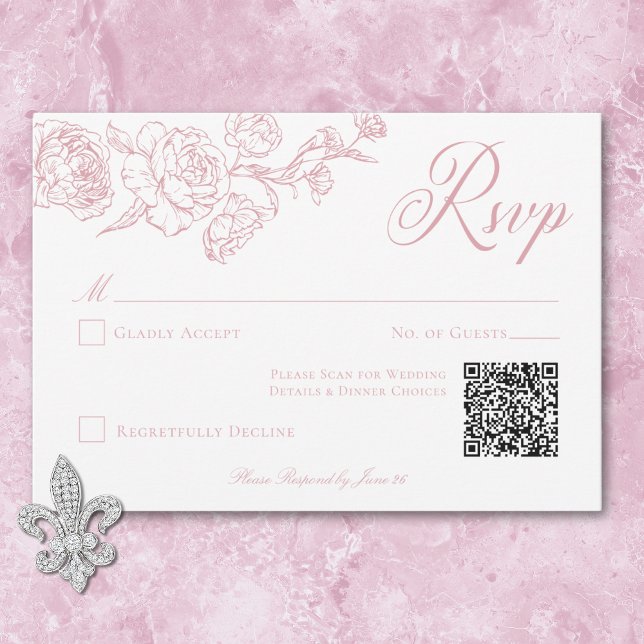Cartão RSVP Chinoiserie Elegante Cor-de-rosa Casamento de Aves (Elegant Pink Chinoiserie Bird & Crest Wedding QR RSVP Card)