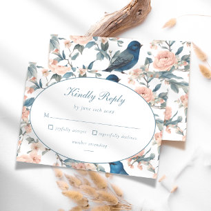 Cartão RSVP Chinoiserie Floral de Aves Azuis Elegante Francês