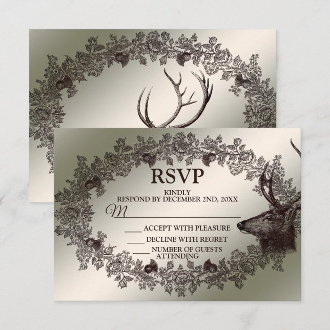 Cartão RSVP Christmas Party Floral Reindeer Golden Winter (Frente/Verso)